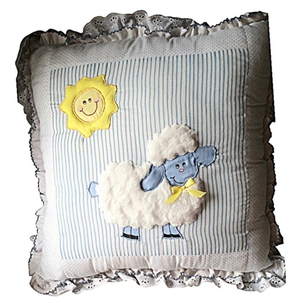 Nursery Pillow Cushion with Fluffy Sheep and Bright Sun appliques  Eyelet trim